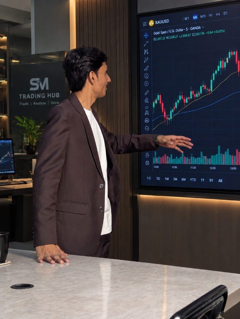 Sardar Mahar analyzing market charts at SM Trading Hub trading desk